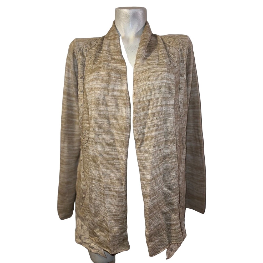 Flying Tomato Women Tan Space Dye Open Front Cardigan Cable Knit Lace Trim Sz S